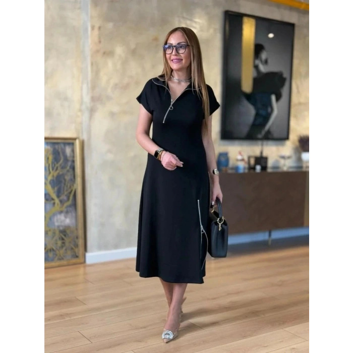 Kadın Kısa Kollu Yakadan Ve Etekten Fermuarlı Midi Viskon Iki Iplik Elbise