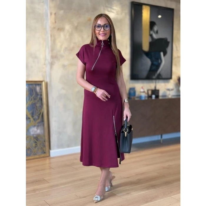 Kadın Kısa Kollu Yakadan Ve Etekten Fermuarlı Midi Viskon Iki Iplik Elbise