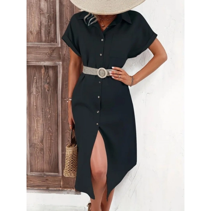 Kadın Kısa Kollu Yakalı Düğme Detay Midi Dokuma Elbise