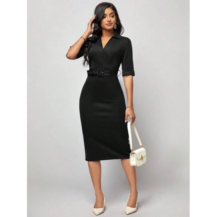 Kadın Kısa Kollu Yakalı Kruvaze Yakalı Beli Kemerli idi odal Elbise