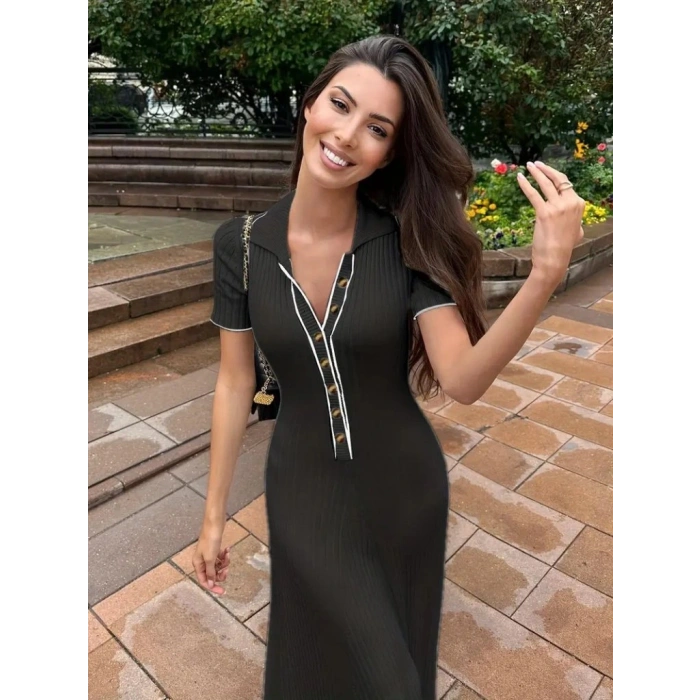 Kadın Kısa Kollu Yakalı önden Düğmeli Maxi Triko Elbise