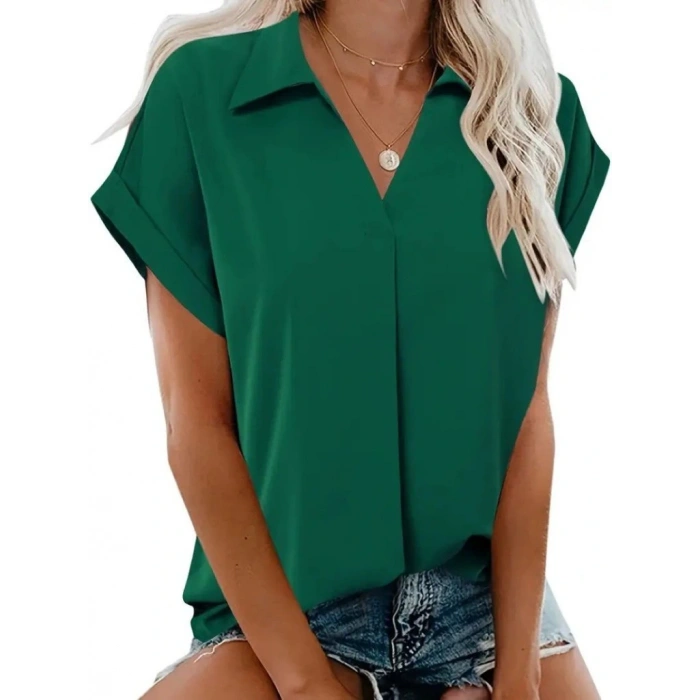 Kadın Kısa Kollu Yakalı Uzun Sandy Bluz