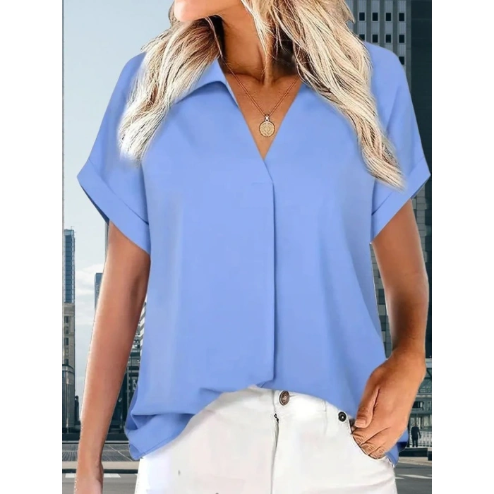 Kadın Kısa Kollu Yakalı Uzun Sandy Bluz