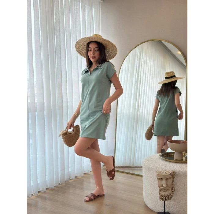 Kadın Kısa Kollu Yakalı Viskon Iki Iplik Elbise