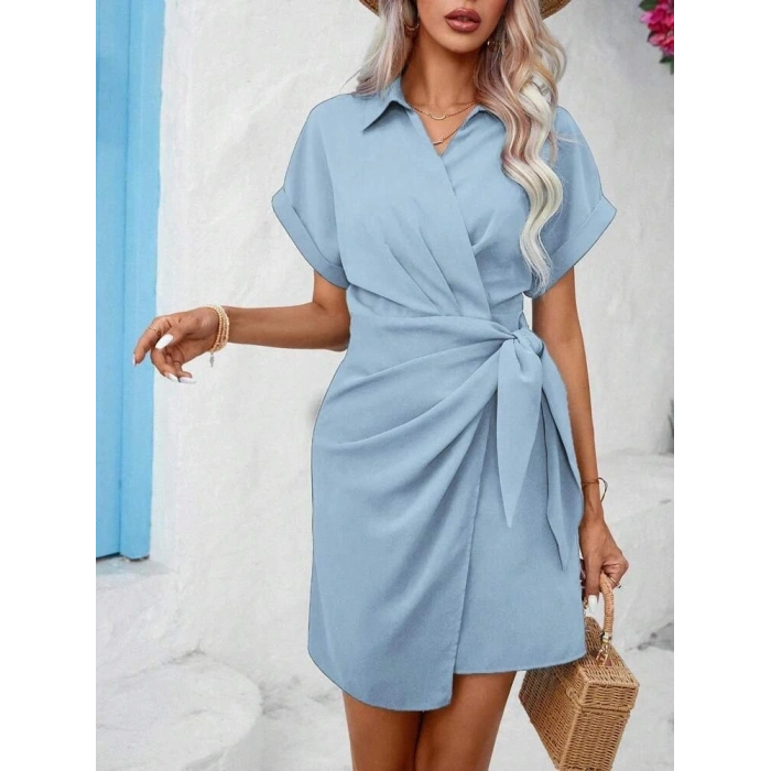 Kadın Kısa Kollu Yakalı Yandan Bağlamalı Dokuma Elbise