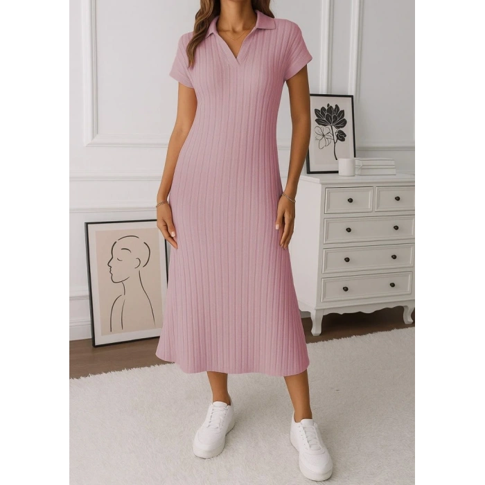 Kadın Kısa Kollu Yakalı Yandan Yırtmaçlı Kalın Fitilli Kaşkorse Elbise