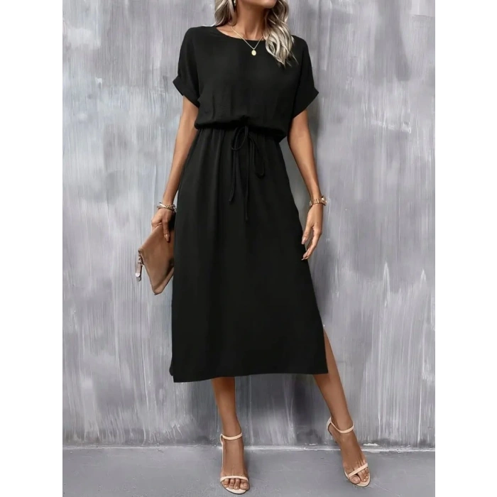 Kadın Kısa Kollu Yakası Açık Belden Bağlamalı Yırtmaçlı Viskon Elbise