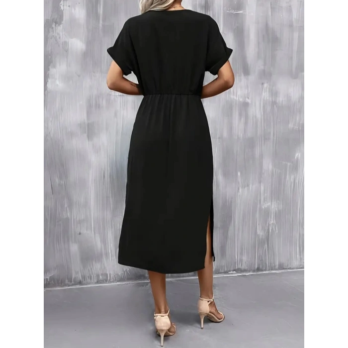 Kadın Kısa Kollu Yakası Açık Belden Bağlamalı Yırtmaçlı Viskon Elbise