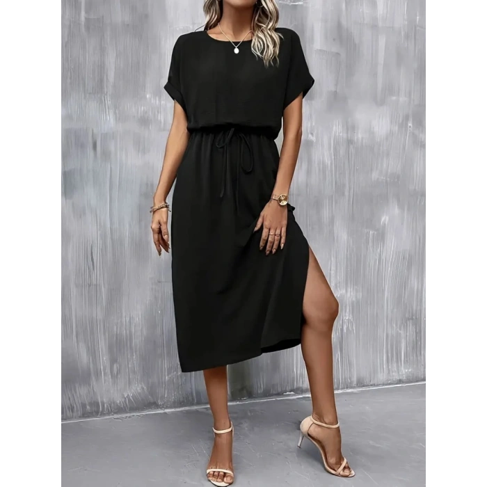 Kadın Kısa Kollu Yakası Açık Belden Bağlamalı Yırtmaçlı Viskon Elbise