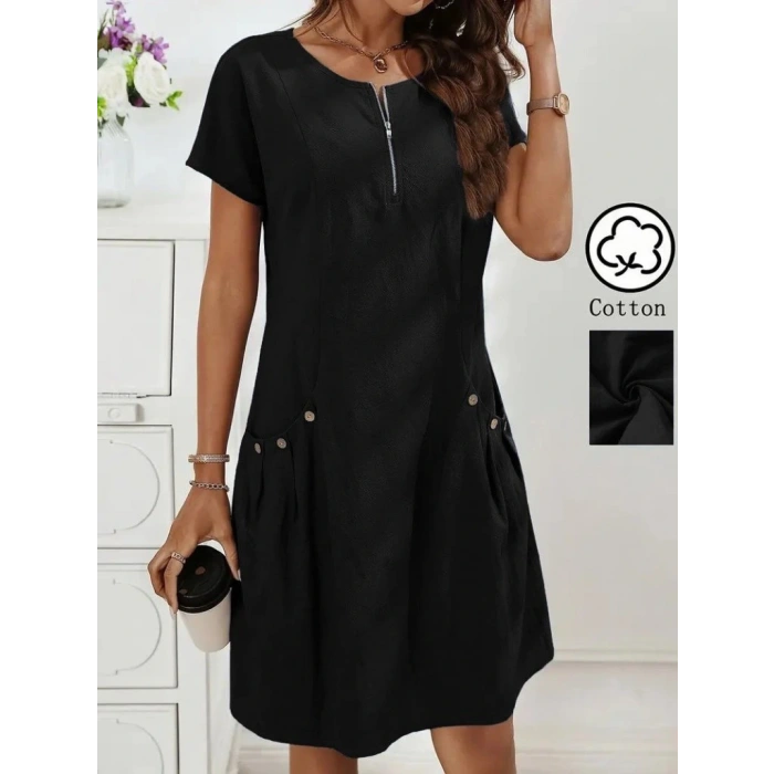 Kadın Kısa Kollu Yakası Açık Fermuarlı Cep Detaylı Ithal Keten Elbise