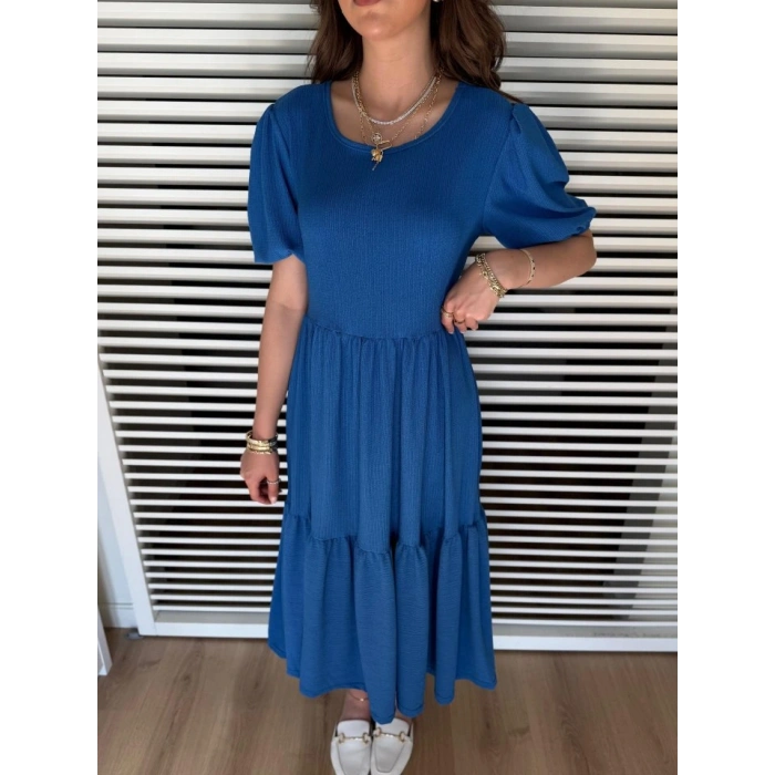 Kadın Kısa Kollu Yakası Açık Katlı Bürümcük Balon Elbise