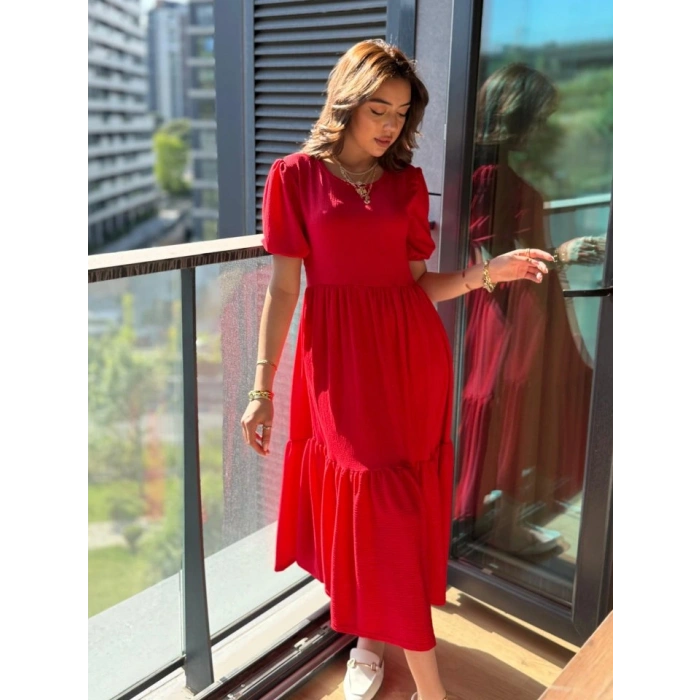 Kadın Kısa Kollu Yakası Açık Katlı Bürümcük Balon Elbise