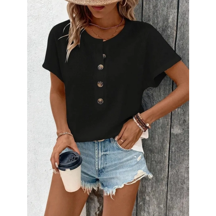 Kadın Kısa Kollu Yakası Açık önden Düğmeli Waffle Bluz
