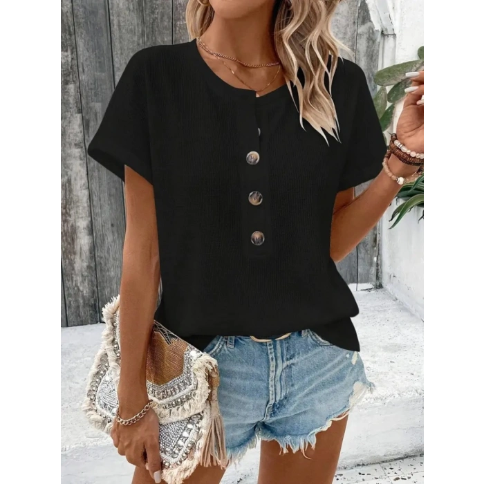 Kadın Kısa Kollu Yakası Açık önden Düğmeli Waffle Bluz