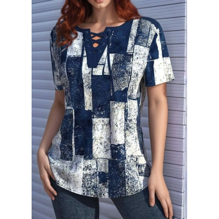 Kadın Kısa Kollu Yakası Bağcıklı Kuş Gözü Detay Süprem Bluz