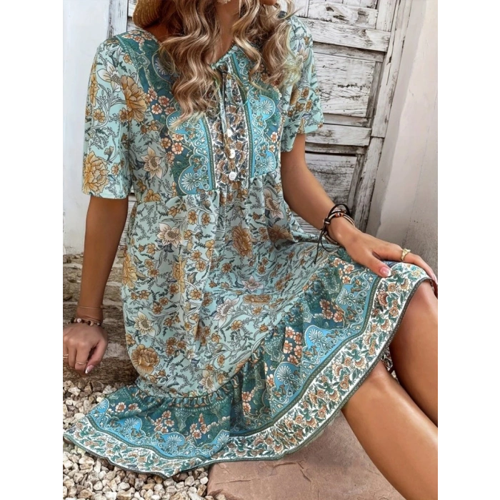 Kadın Kısa Kollu Yakası Bağcıklı önden Düğmeli Fırfır Desenli Süprem Elbise