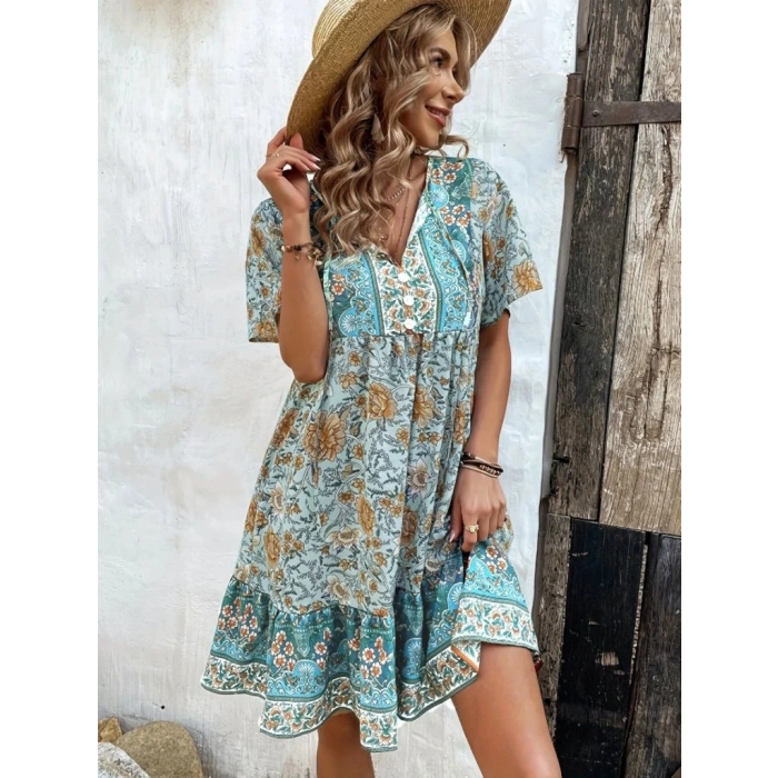 Kadın Kısa Kollu Yakası Bağcıklı önden Düğmeli Fırfır Desenli Süprem Elbise