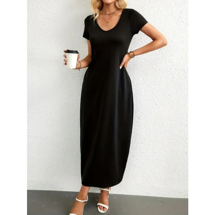 Kadın Kısa Kollu Yakası Yuvarlak Cepli Viskon Elbise