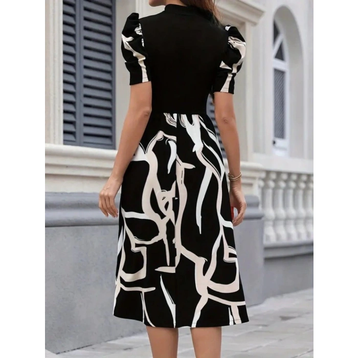 Kadın Kısa Kollu Yarı Balıkçı Yaka üst Viskon Alt Desenli Dokuma Midi Elbise