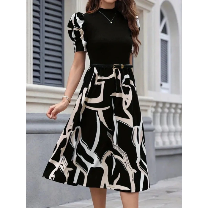 Kadın Kısa Kollu Yarı Balıkçı Yaka üst Viskon Alt Desenli Dokuma Midi Elbise