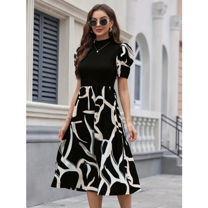 Kadın Kısa Kollu Yarı Balıkçı Yaka üst Viskon Alt Desenli Dokuma Midi Elbise