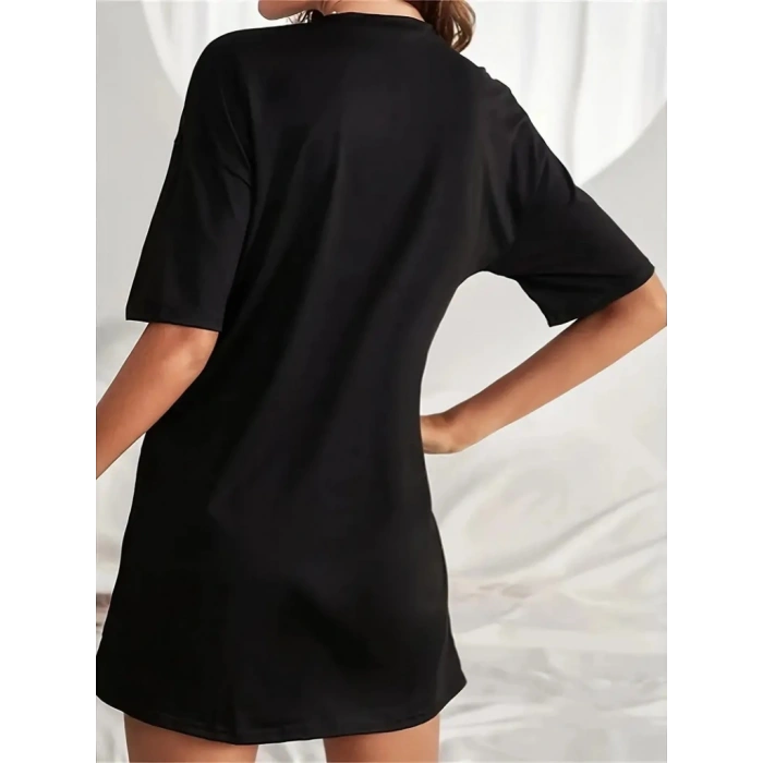 Kadın Kısa Kollu Yazı Baskılı Basic Mini Elbise