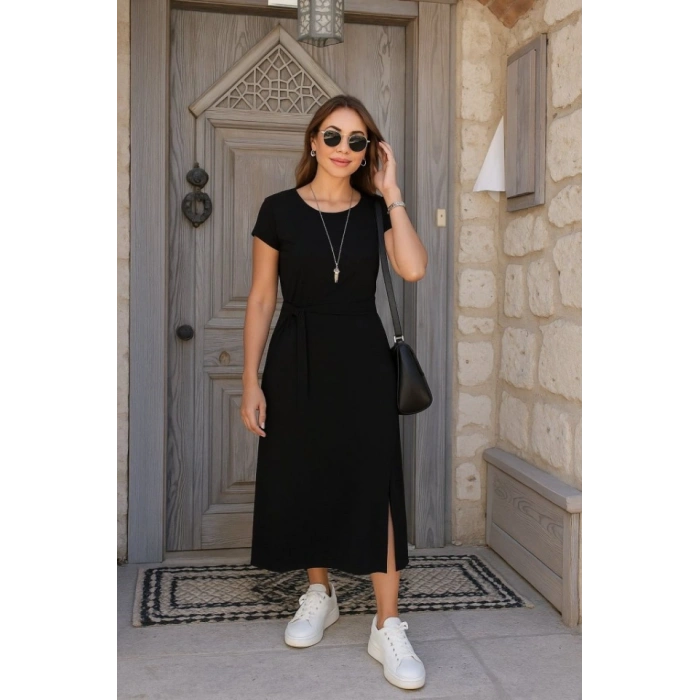 Kadın Kısa Kollu Yuvarlak Yaka Belden Bağcıklı önden Yırtmaçlı Aerobin Elbise