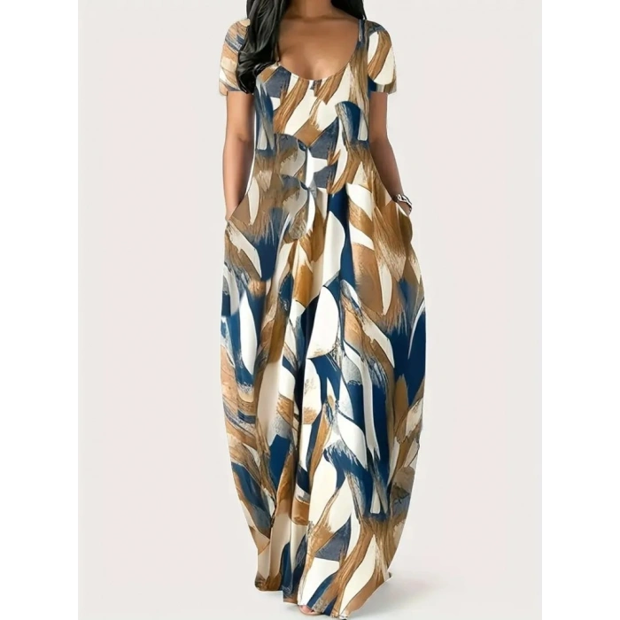 Kadın Kısa Kollu Yuvarlak Yaka Cepli Salaş Baskılı Süprem Elbise