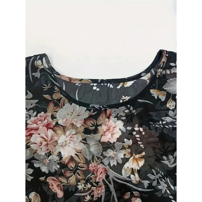 Kadın Kısa Kollu Yuvarlak Yaka çiçek Baskılı Asimetrik Kesim şifon Bluz