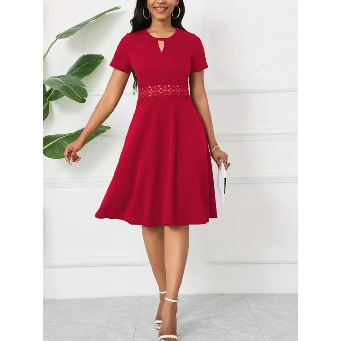 Kadın Kısa Kollu Yuvarlak Yaka Damla Detaylı Janjan Elbise