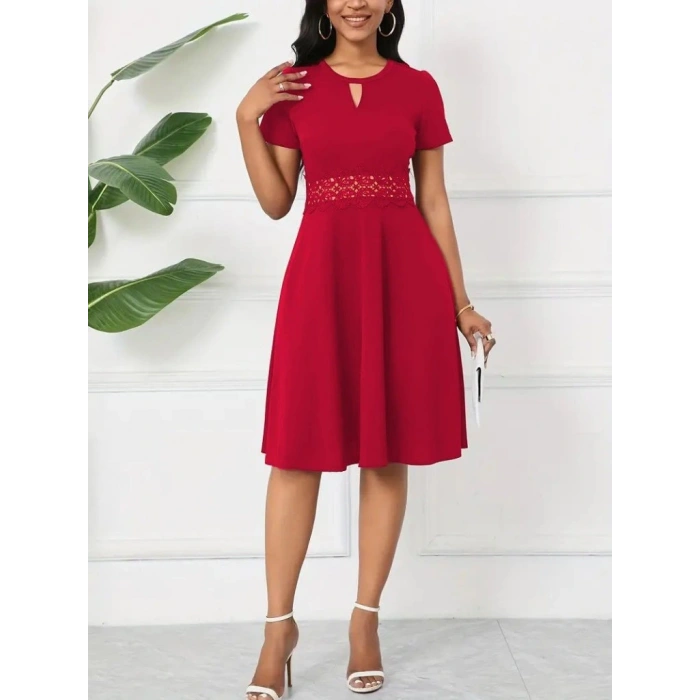 Kadın Kısa Kollu Yuvarlak Yaka Damla Detaylı Janjan Elbise