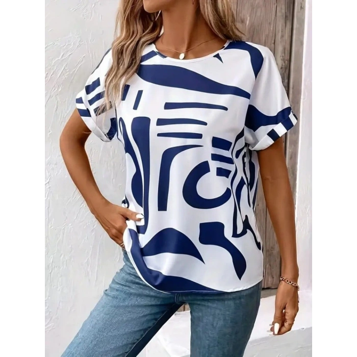 Kadın Kısa Kollu Yuvarlak Yaka Desenli Süprem Bluz