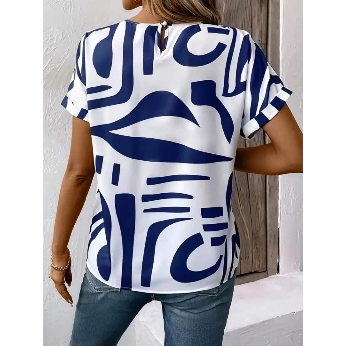 Kadın Kısa Kollu Yuvarlak Yaka Desenli Süprem Bluz