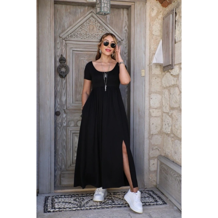 Kadın Kısa Kollu Yuvarlak Yaka önden Yırtmaçlı Cepli Viskon Uzun Elbise