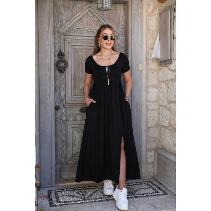 Kadın Kısa Kollu Yuvarlak Yaka önden Yırtmaçlı Cepli Viskon Uzun Elbise