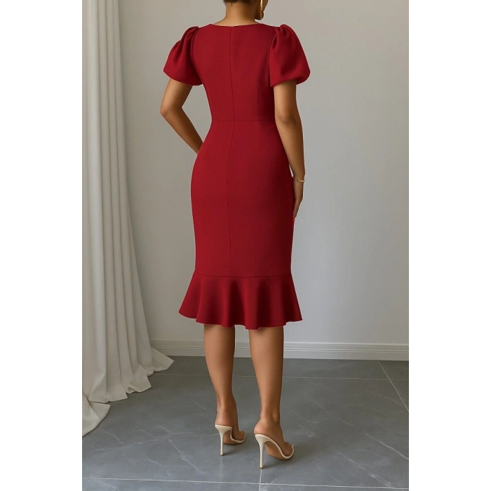 Kadın Kısa Kollu Yuvarlak Yaka Pileli Janjan Krep Elbise