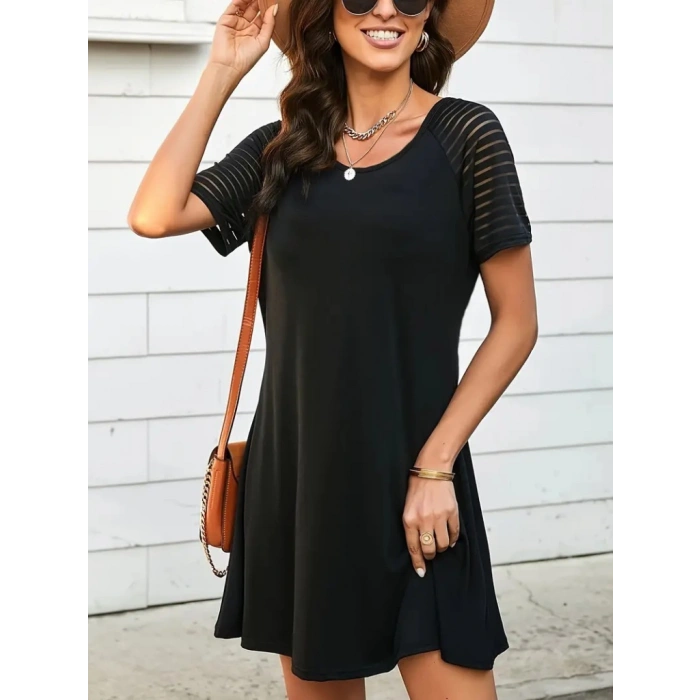 Kadın Kısa Kollu Yuvarlak Yaka şerit Kol Detaylı Viskon Elbise