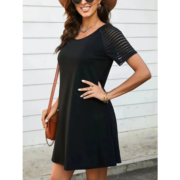 Kadın Kısa Kollu Yuvarlak Yaka şerit Kol Detaylı Viskon Elbise