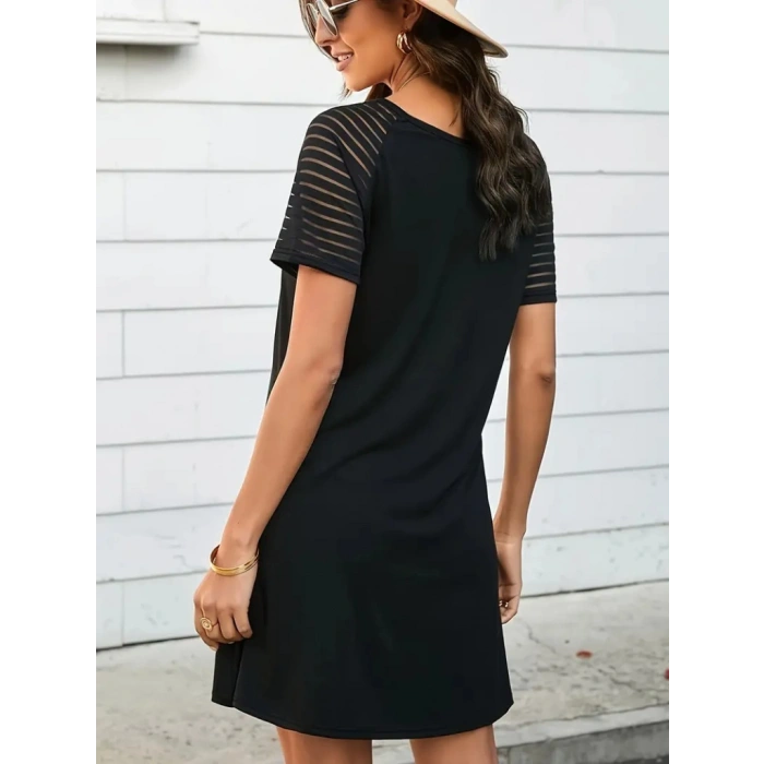Kadın Kısa Kollu Yuvarlak Yaka şerit Kol Detaylı Viskon Elbise