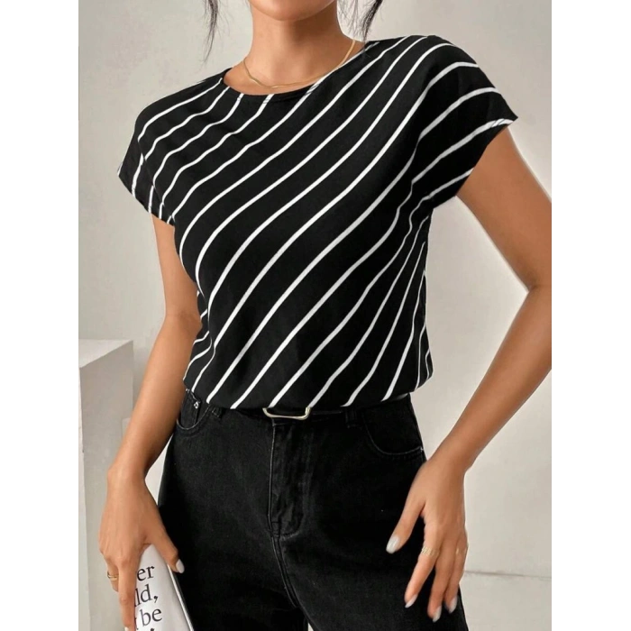 Kadın Kısa Yarasa Kollu Bisiklet Yaka çizgi Desenli Atlas Bluz