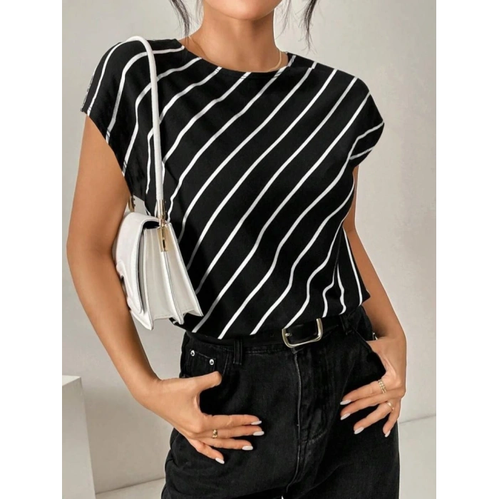 Kadın Kısa Yarasa Kollu Bisiklet Yaka çizgi Desenli Atlas Bluz