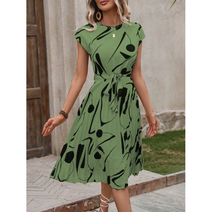 Kadın Kısa Yarasa Kollu Yuvarlak Yaka Beli Büzgülü Süprem Elbise