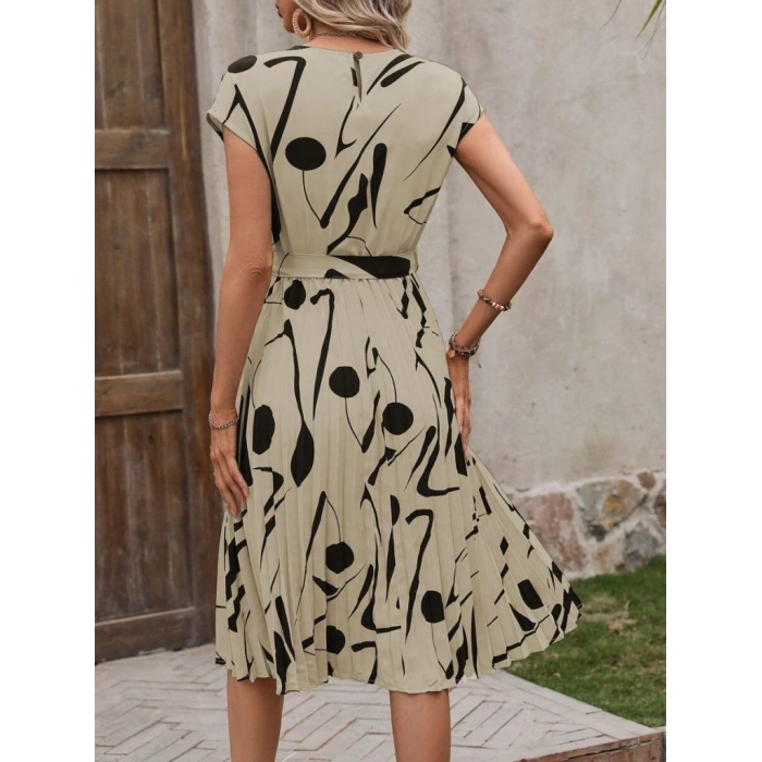 Kadın Kısa Yarasa Kollu Yuvarlak Yaka Beli Büzgülü Süprem Elbise