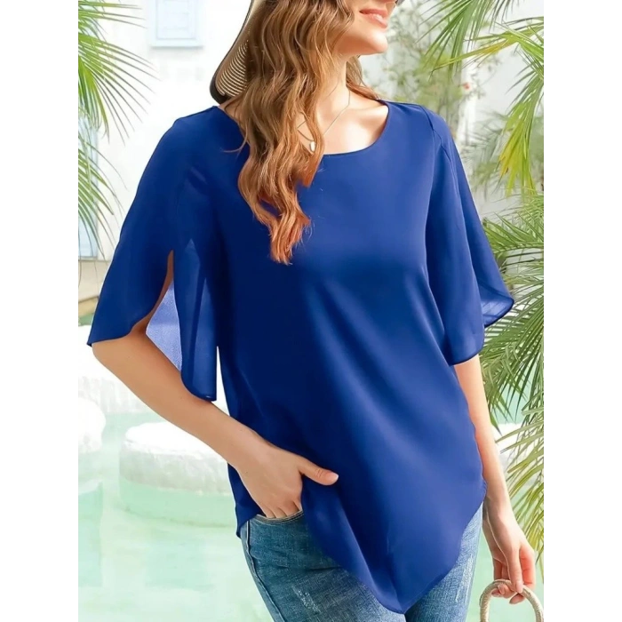 Kadın Kısa Yırtmaç Kollu Yuvarlak Yaka şifon Bluz