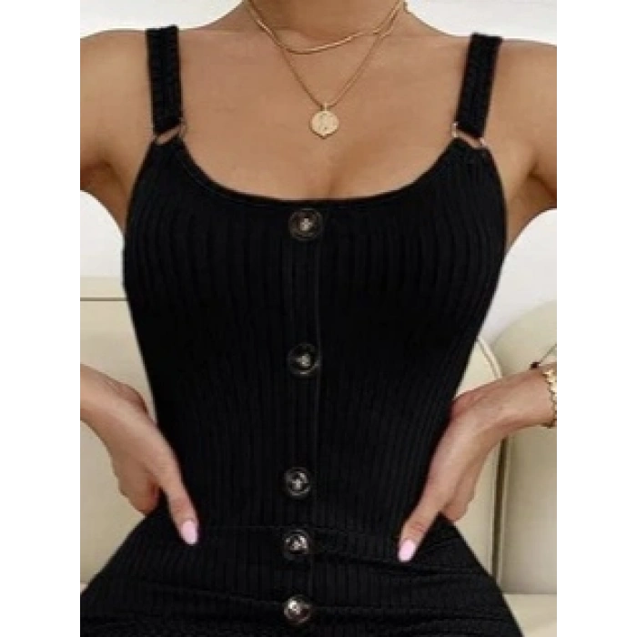 Kadın Kolsuz Askı Halka Detay önü Düğmeli Midi Boy Yırtmaçlı Fitilli Kaşkorse Elbise