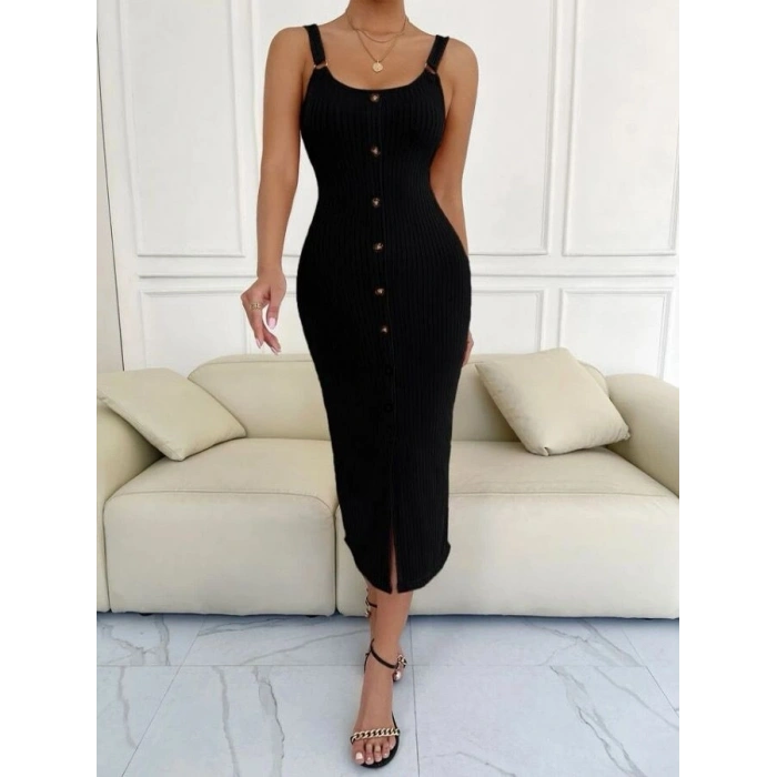 Kadın Kolsuz Askı Halka Detay önü Düğmeli Midi Boy Yırtmaçlı Fitilli Kaşkorse Elbise