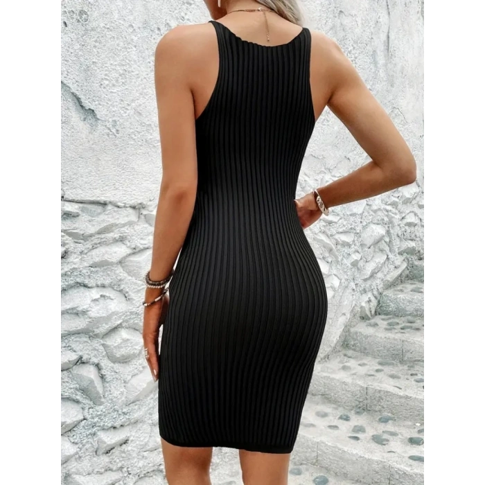 Kadın Kolsuz Askılı Poliyelit Triko Fitilli Mini Elbise