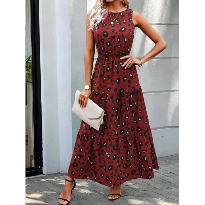 Kadın Kolsuz Bisiklet Yaka Beli Lastikli Desenli Süprem Elbise