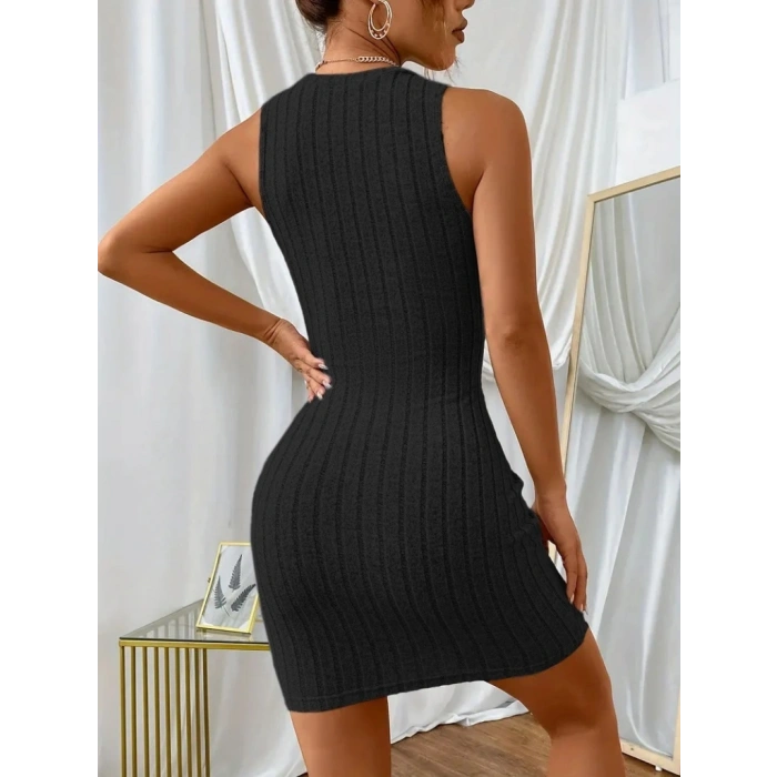 Kadın Kolsuz Bisiklet Yaka Kalın Fitilli Kaşkorse Mini Elbise