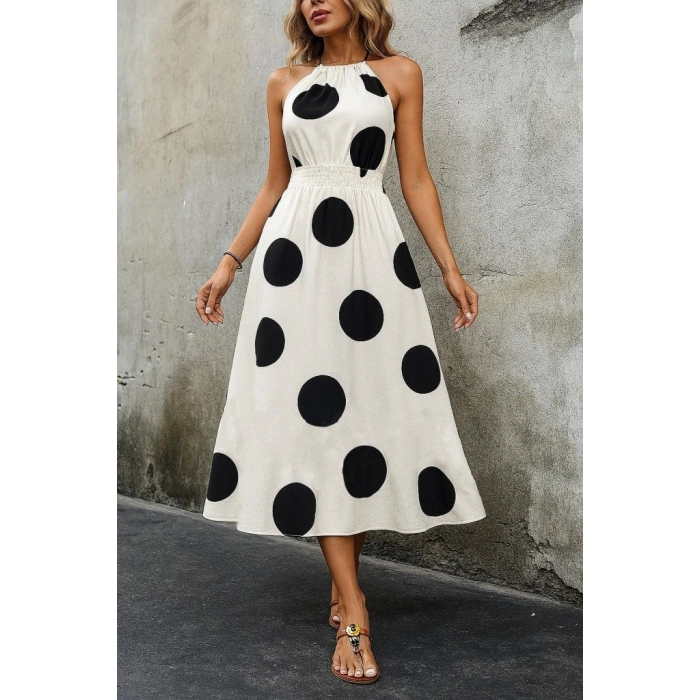 Kadın Kolsuz Boyundan Bağlamalı Beli Lastikli Dijital Baskı Süprem Uzun Elbise